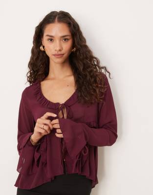 Brave Soul Long sleeve mesh ruffle tie front blouse in burgundy-Red