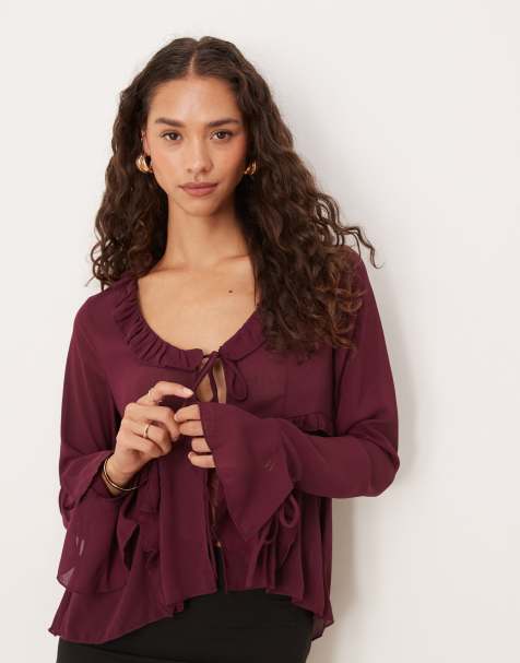 Brave Soul Long sleeve mesh ruffle tie front blouse in burgundy - view 1