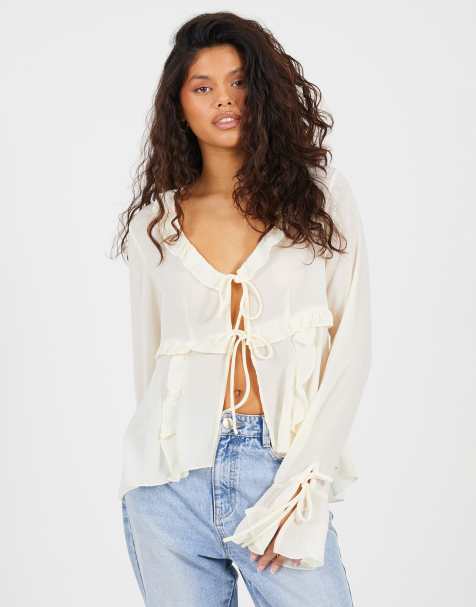 Brave Soul Long sleeve mesh ruffle tie front blouse in cream - view 1