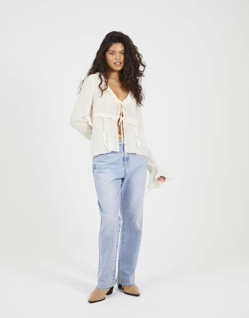 Brave Soul Long sleeve mesh ruffle tie front blouse in cream, 3 of 4