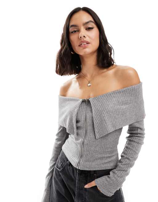 Brave Soul long sleeve off shoulder zip front sweater in gray