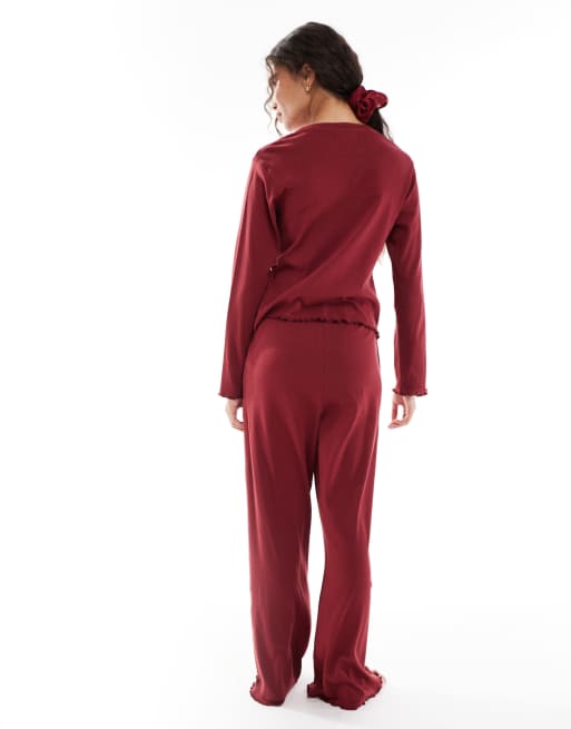 Brave Soul long sleeve pointelle pyjamas in burgundy, 3 of 4