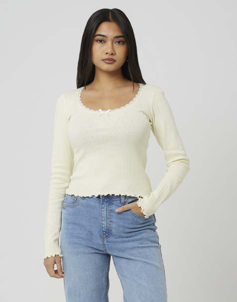Brave Soul Long sleeve pointelle top with lace trim and bow in yellow - view 1