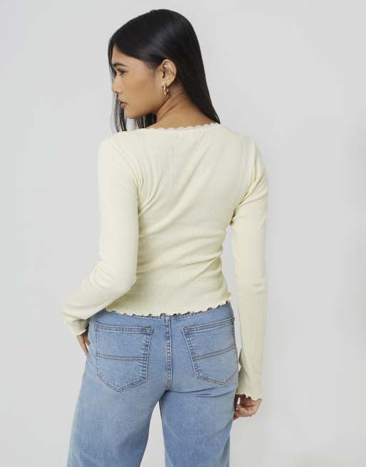 Brave Soul Long sleeve pointelle top with lace trim and bow in yellow, 2 of 4