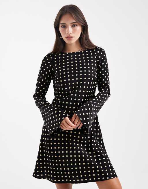 Brave Soul long sleeve polka dot mini dress in black, 4 of 4