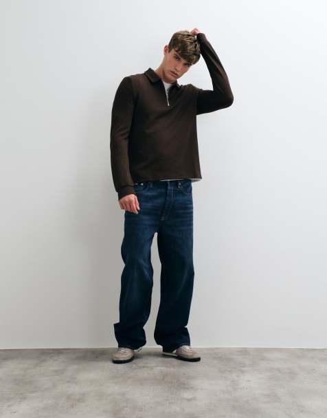 Brave Soul long sleeve polo shirt in dark brown - view 1
