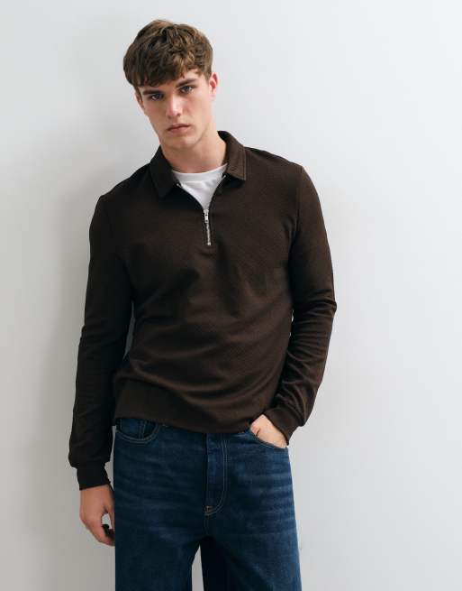 Brave Soul long sleeve polo shirt in dark brown, 2 of 5