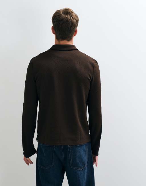 Brave Soul long sleeve polo shirt in dark brown, 5 of 5