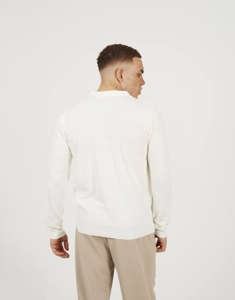 Brave Soul Long sleeve quarter-zip polo in off white