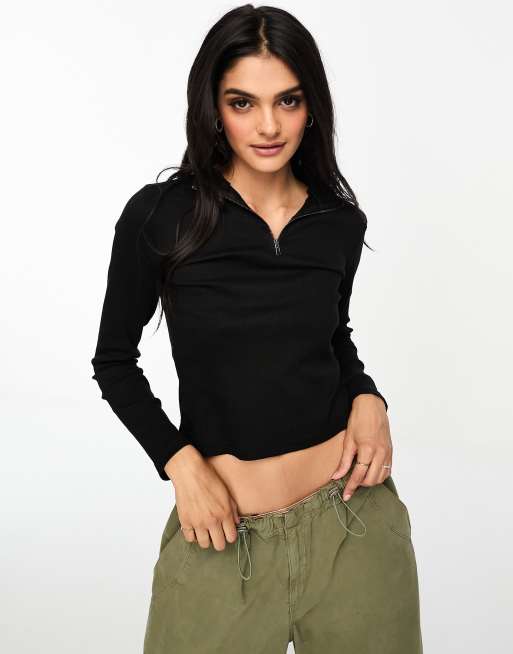 Brave soul long sleeve quarter zip top in black