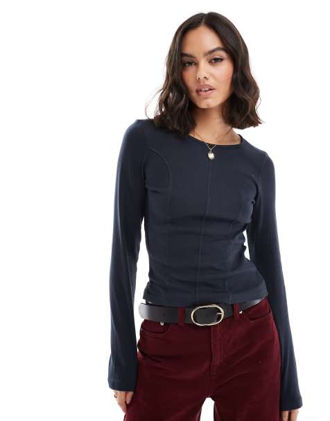 Brave Soul long sleeve rib top in charcoal - view 1