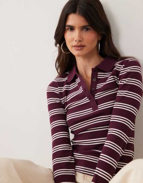 Brave Soul long sleeve ribbed polo top in burgundy & cream stripe - view 1