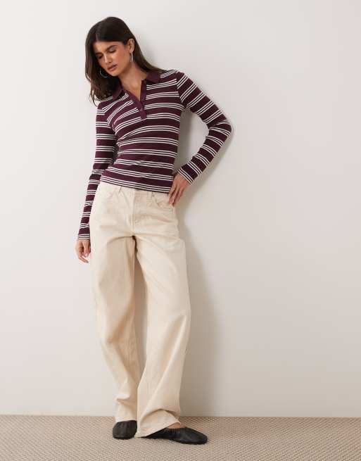 Brave Soul long sleeve ribbed polo top in burgundy & cream stripe, 2 of 4