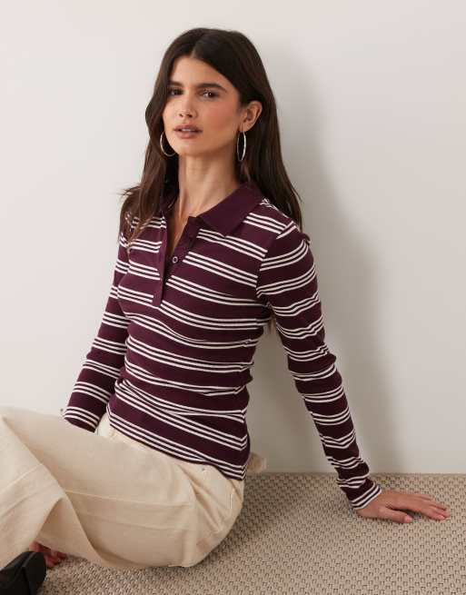Brave Soul long sleeve ribbed polo top in burgundy & cream stripe, 3 of 4
