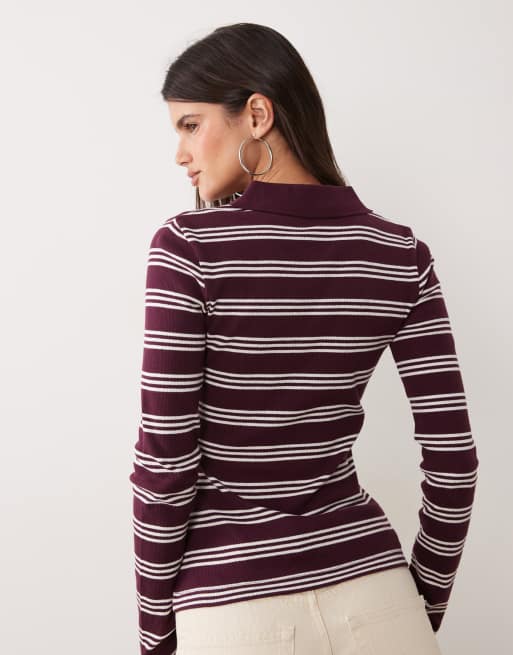 Brave Soul long sleeve ribbed polo top in burgundy & cream stripe, 4 of 4