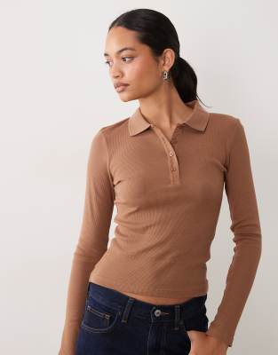 Brave Soul Long Sleeve Ribbed Polo Top In Brown