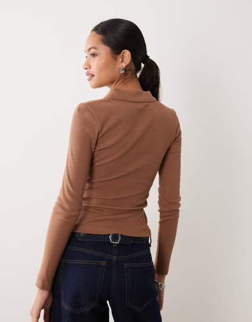 Brave Soul long sleeve ribbed polo top in caramel, 4 of 4