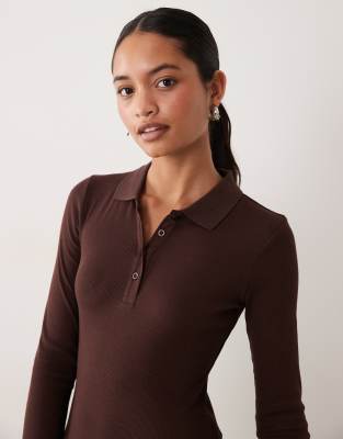 Brave Soul Long Sleeve Ribbed Polo Top In Brown