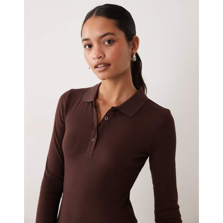 Brave Soul long sleeve ribbed polo top in chocolate | ASOS
