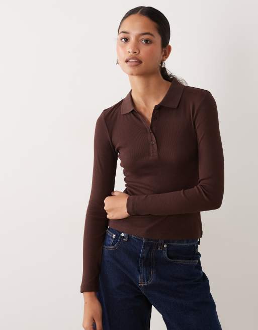 Brave Soul long sleeve ribbed polo top in chocolate, 2 of 4