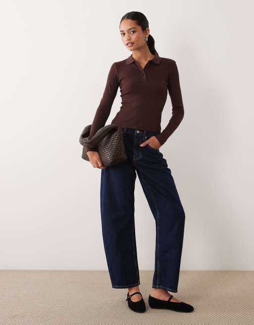 Brave Soul long sleeve ribbed polo top in chocolate, 3 of 4
