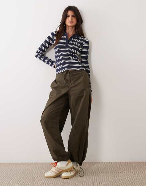 Brave Soul long sleeve ribbed polo top in navy & cream stripe, 2 of 4