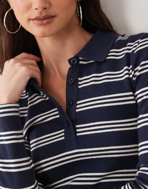 Brave Soul long sleeve ribbed polo top in navy & cream stripe, 3 of 4