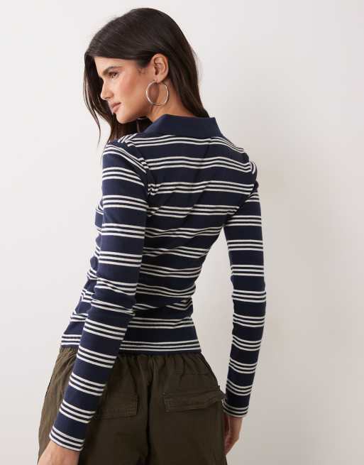 Brave Soul long sleeve ribbed polo top in navy & cream stripe, 4 of 4