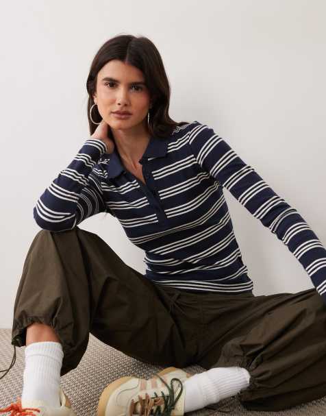 Brave Soul long sleeve ribbed polo top in navy & cream stripes - view 1