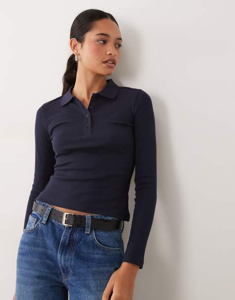 Brave Soul long sleeve ribbed polo top in navy - view 1