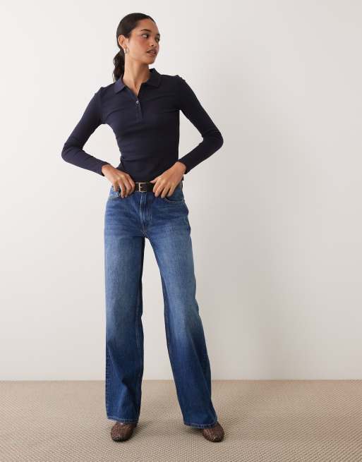 Brave Soul long sleeve ribbed polo top in navy, 3 of 4
