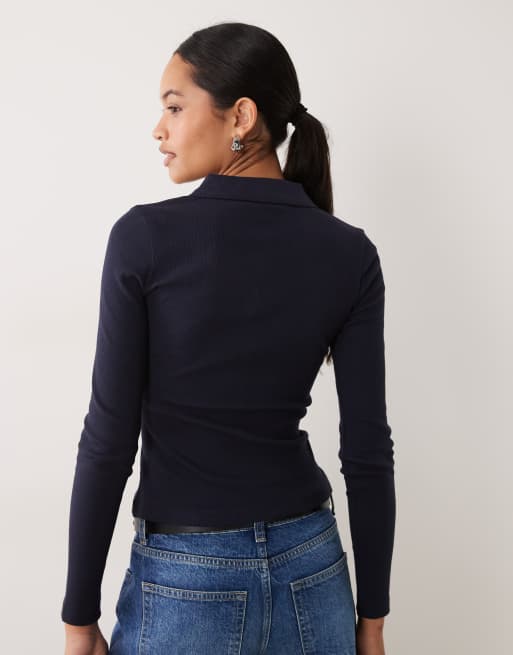 Brave Soul long sleeve ribbed polo top in navy, 4 of 4