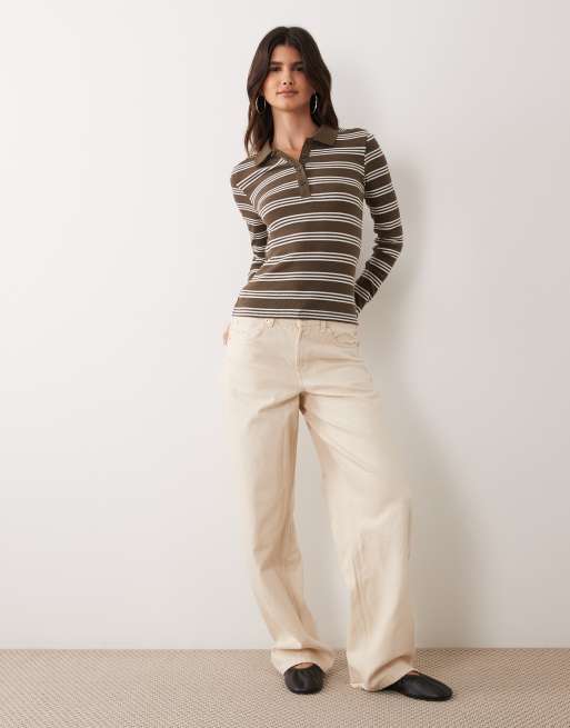 Brave Soul long sleeve ribbed polo top in truffle & cream stripe, 3 of 4