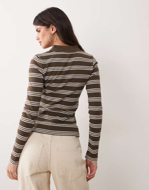 Brave Soul long sleeve ribbed polo top in truffle & cream stripe, 4 of 4