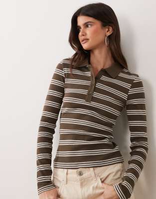 Brave Soul Long Sleeve Ribbed Polo Top In Brown