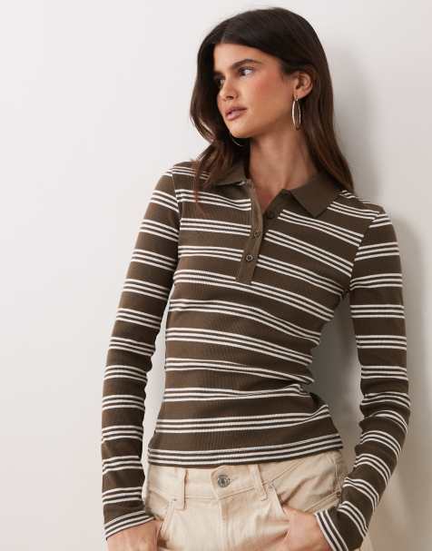 Brave Soul long sleeve ribbed polo top in truffle & cream stripes - view 1