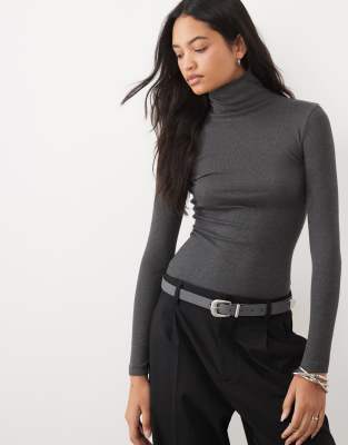 Brave Soul Long Sleeve Ribbed Roll Neck Top In Gray