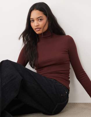 Brave Soul Long Sleeve Ribbed Roll Neck Top In Brown