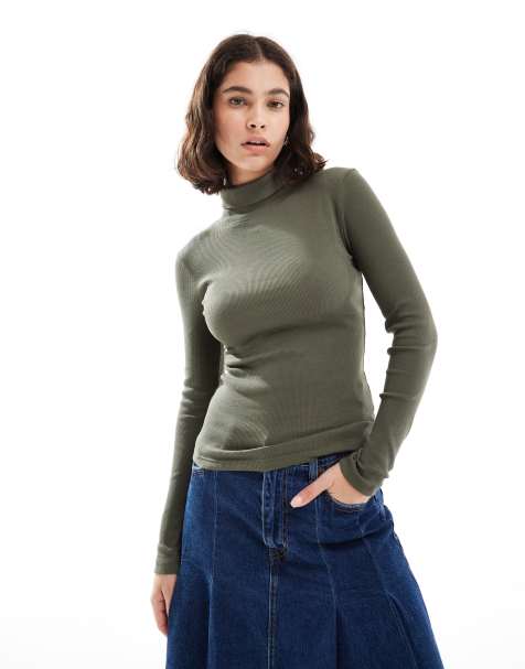 Brave Soul long sleeve ribbed roll neck top in green - view 1