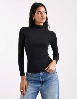Brave Soul Long Sleeve Ribbed Rollneck Top In Black