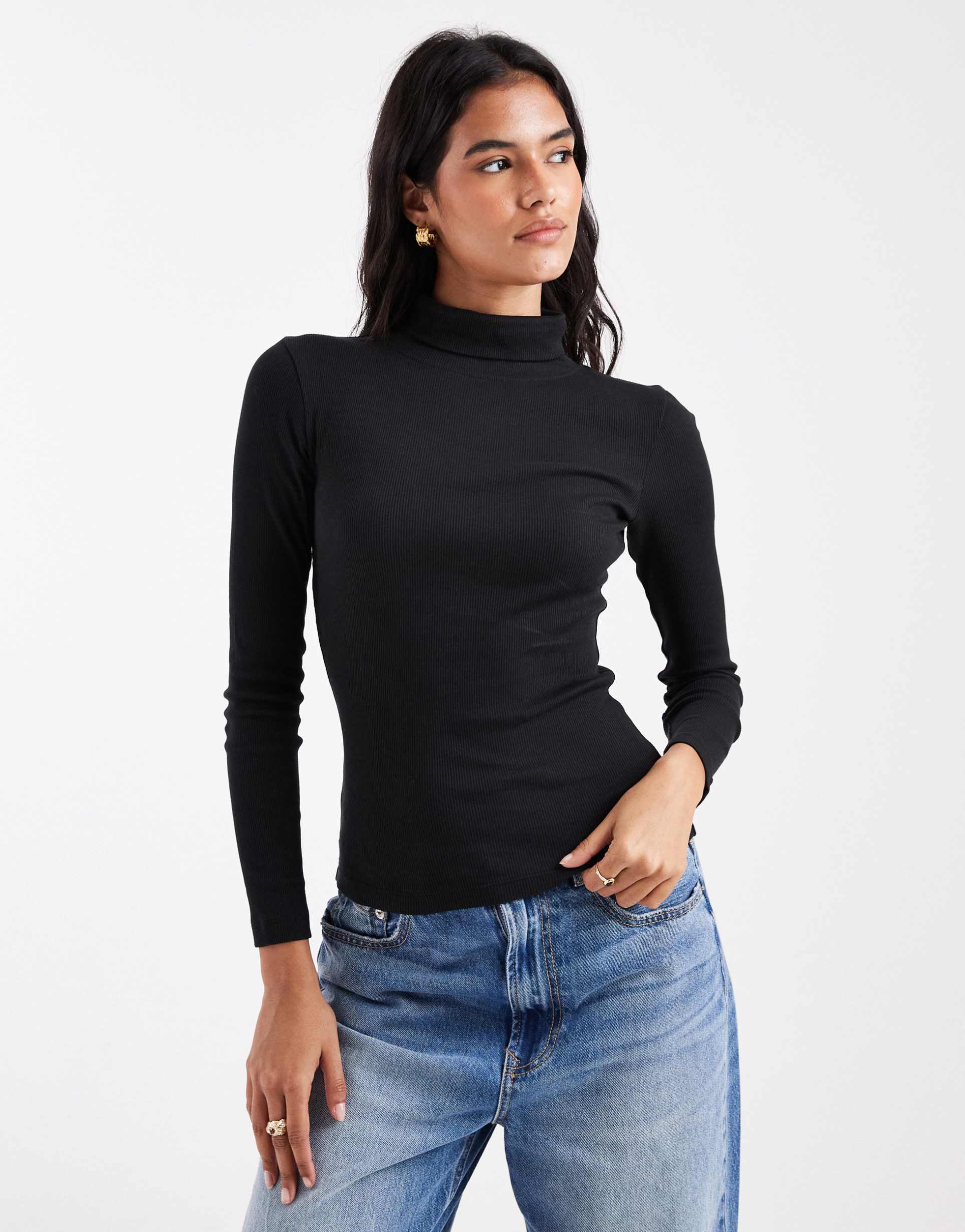 brave soul long sleeve ribbed rollneck top in black