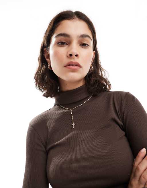 Brave Soul long sleeve ribbed turtleneck top in brown