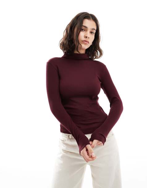Brave Soul long sleeve ribbed rollneck top in burgundy
