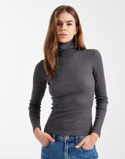 Brave Soul long sleeve ribbed rollneck top in charcoal grey