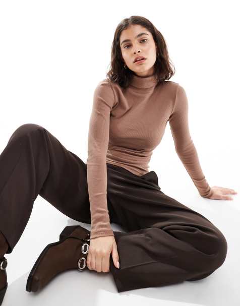 Brave Soul long sleeve ribbed rollneck top in tan - view 1