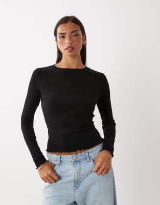 Brave Soul Long Sleeve Ribbed Top With Lettuce Hem In Black