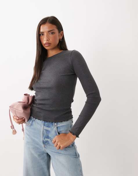 Brave Soul long sleeve ribbed top with lettuce hem in charcoal marl - view 1