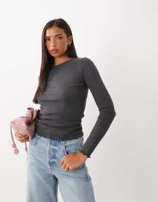 Brave Soul Long Sleeve Ribbed Top With Lettuce Hem In Gray