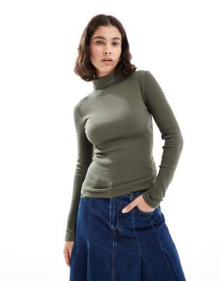 Brave Soul Long Sleeve Ribbed Turtleneck Top In Green