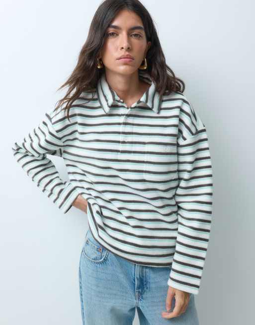  Brave soul long sleeve rugby polo fleece in blue and cream stripe, 4 of 5